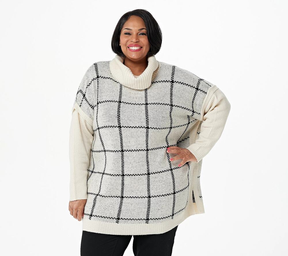Denim&Co Jacquard Cowl Neck Poncho Sweater Sleeves Natural Cream XS/S